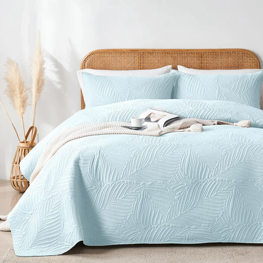 Aqua Blue Bedspread with Leaf Pattern
