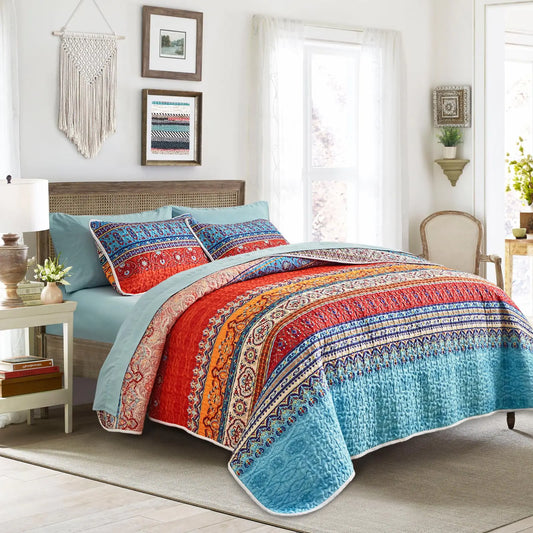 Striped Blue n Red Printed Bedding Bedspread Coverlet /Soft Lightweight