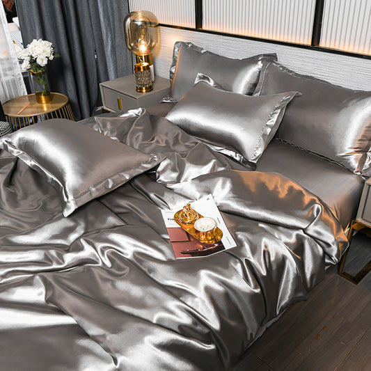 Pure Color Ice Silk Cool 
Quilt Cover Bed Sheet Bedding