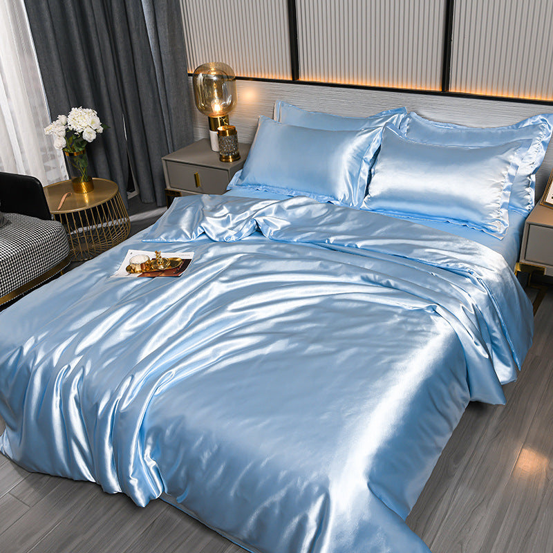 Pure Color Ice Silk Cool 
Quilt Cover Bed Sheet Bedding