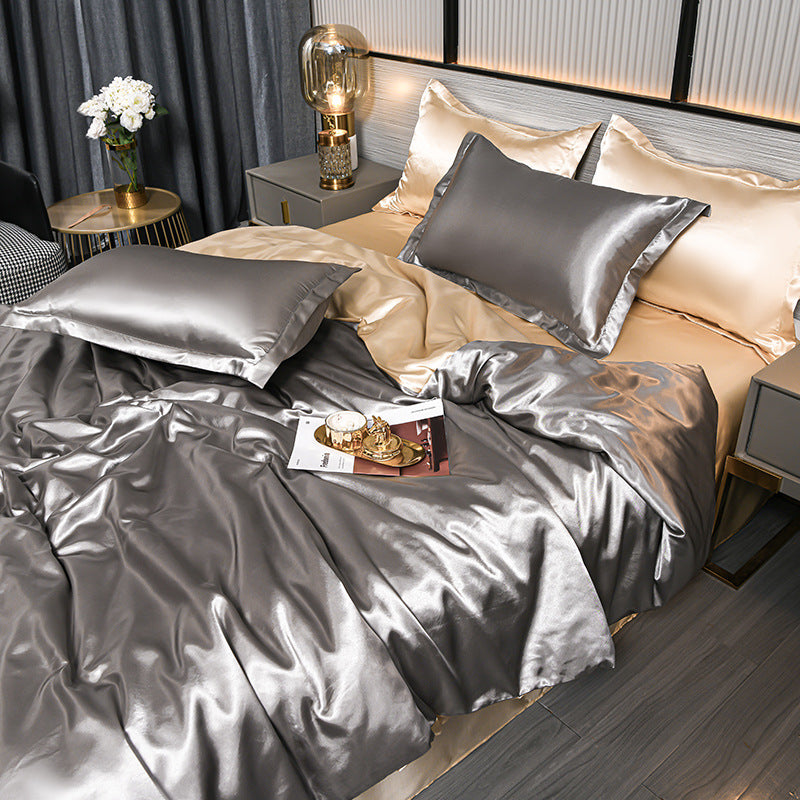 Pure Color Ice Silk Cool 
Quilt Cover Bed Sheet Bedding
