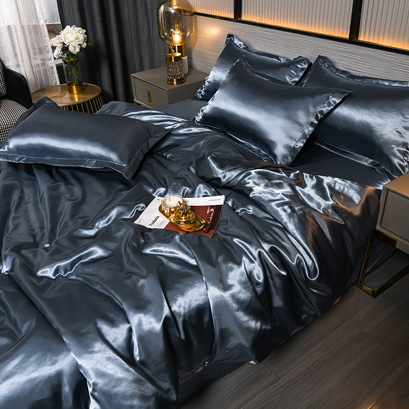 Pure Color Ice Silk Cool 
Quilt Cover Bed Sheet Bedding