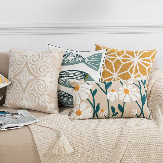 Sofa Seat Pillow Cover 
Cotton Chain Embroidered Lumbar